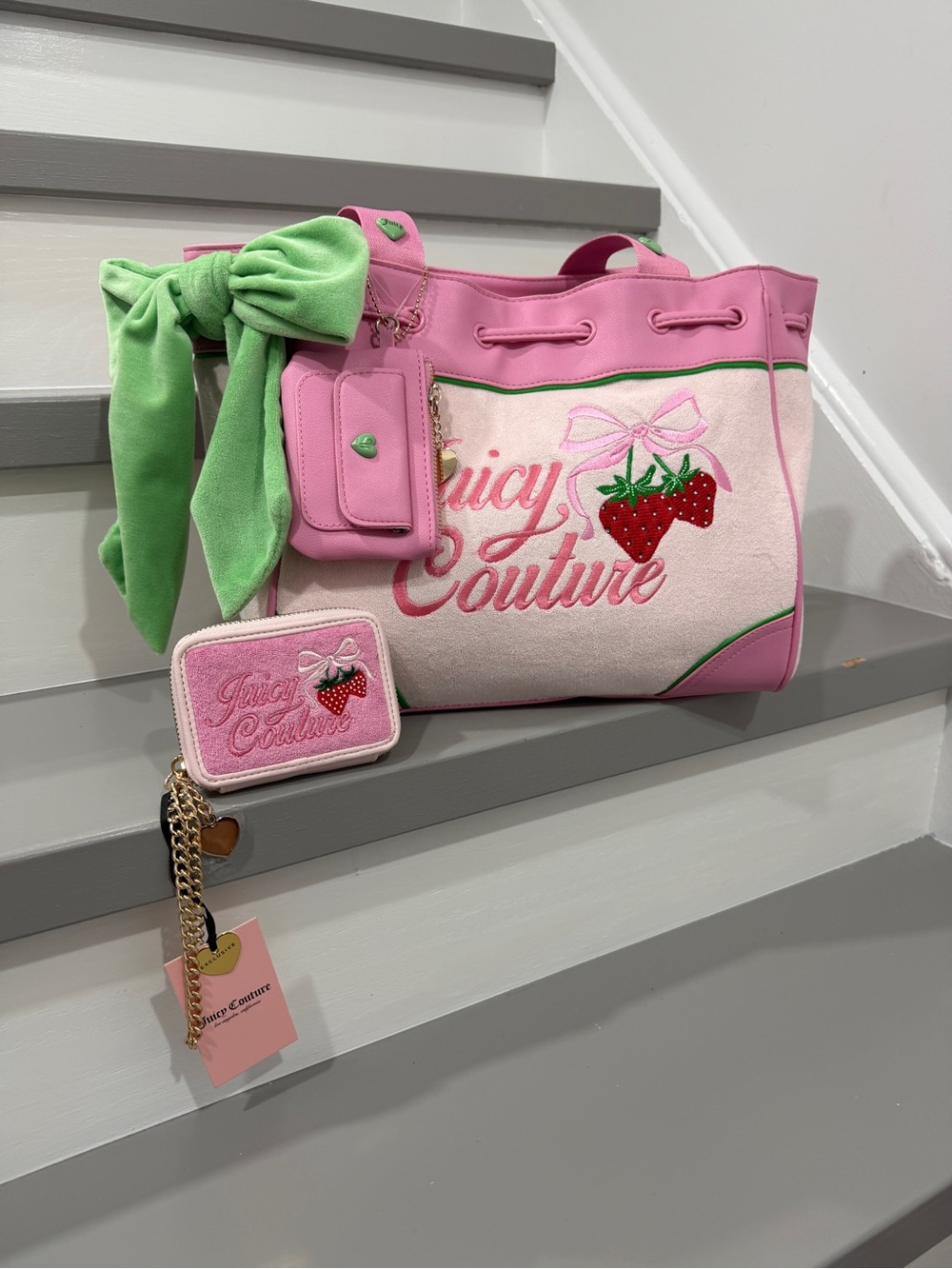 Juicy Couture Pink Strawberry Daydreamer Tote with Green Bow & Wallet Set